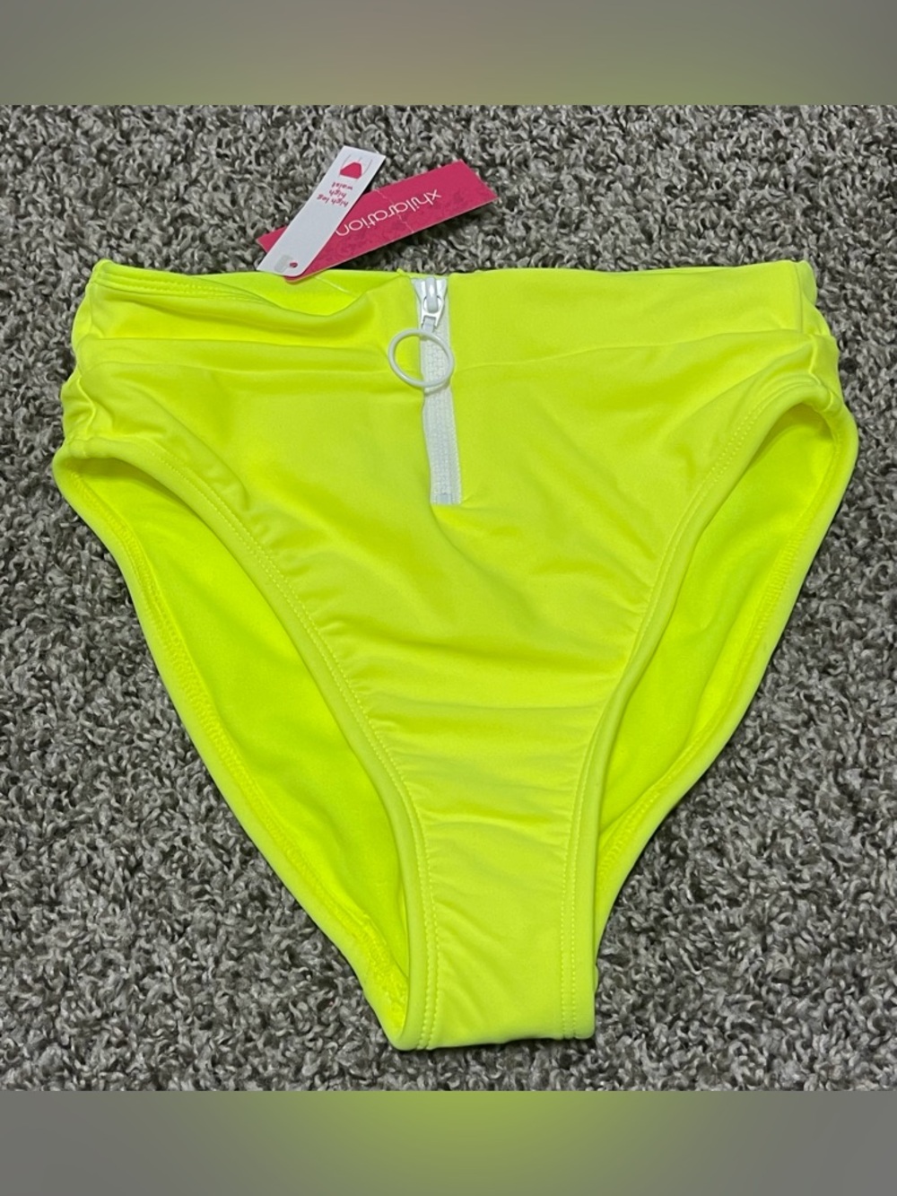 90: Xhilaration Neon Yellow High-Waist Bikini Bottom with White Front Zip - XS